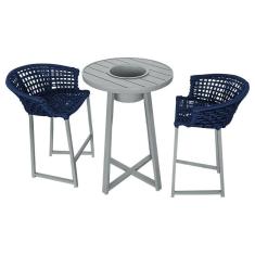 Imagem de Conjunto Bistrô Champanheira Cinza Tampo Ripado E 2 Banquetas Reis Corda Náutica Azul Marinho Azul