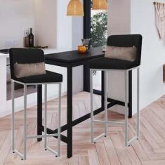 Imagem de Kit 02 Banqueta Alta com Encosto Lucca Industrial Cozinha Balcão Ferro Cinza Suede Preto e Almofada Bege - Ahazzo Móveis