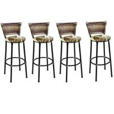 Imagem de Kit 4 Banquetas Alta Preta Junco Capuccino com Assento Floral Marrom F