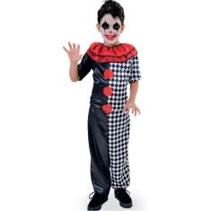 Imagem de Fantasia Pierrot Macabro Infantil Macacão Palhaço Zumbi Halloween Circo Terror Carnaval Festa Dia das Bruxas