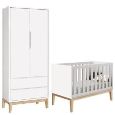 Imagem de Berço Americano E Guarda Roupa Classic 2 Portas Branco Com Pés Madeira Natural - Reller