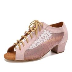 Imagem de SWDZM Sapatos femininos de dança latina com cadarço salsa tango, tênis para prática de dança, modelo L595, L505 - salto rosa, sola de camurça de 3,8 cm, 36