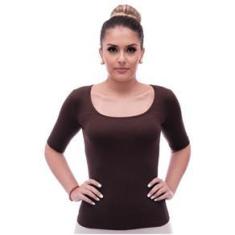 Imagem de Blusa Feminina Meia Manga Marrom Decote Redondo