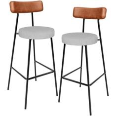 Imagem de Kit 02 Banquetas Alta Cozinha Sala Jantar Aço Milão L02 Couríssimo Camel Linho Cinza - Lyam Decor