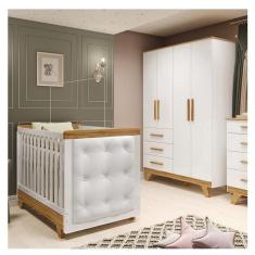 Imagem de Quarto de Bebê Berço com Capitonê e Guarda-roupa 100% Mdf Retrô Kakau Espresso Móveis Branco Brilho/Amêndoa/Branco