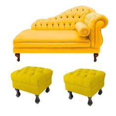 Imagem de Recamier Divã Namoradeira Larissa 150cm + 2 Puffs Retrô Suede Amarelo