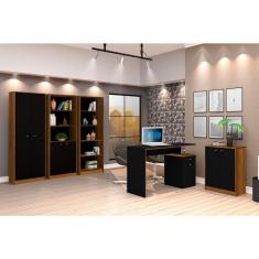 Imagem de Conjunto 3 Armários Organizador e 1 Mesa Escrivaninha Office 1 Balcão Escritório Preto com Freijó - Rede Móveis