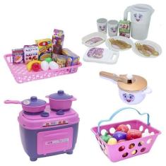 Imagem de Cozinha Menina Brinquedo Fogão Mercado Jogo Jantar Kit 42Pç - Altimar