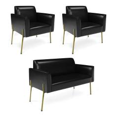 Imagem de Sofá Namoradeira E 2 Poltronas Pé De Ferro Dourado Marisa Corano Preto D03