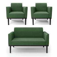 Imagem de Sofá Namoradeira Com 2 Poltronas Base De Madeira Fixa Preto Marisa Suede Verde D03 - D`Rossi