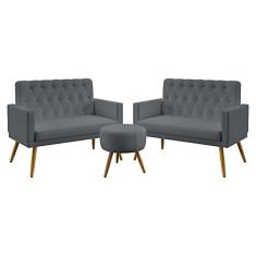 Imagem de Kit 2 Poltronas Namoradeiras Estofadas Para Sala De Estar Nina Rodapé E Botões Puff Solar Capitonê Sued  Aradecor