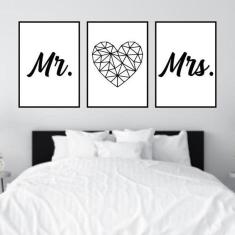 Imagem de Kit 3 Quadros Decorativos Mr And Mrs Coração 34X23cm
