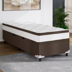 Imagem de Cama Box Baú de Solteiro Portobel Noah Ortopédico com Molas Ensacadas, EPS e Revestimento em Poliéster 70x88x188cm - Branco/Marrom