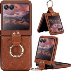 Imagem de Ephoou Capa para Motorola Razr 2024/Razr 50/Razr Gen 4 com suporte de anel, couro PU romboide macio [proteção de dobradiça] capa fina durável antiarranhões à prova de choque para Motorola Razr 50