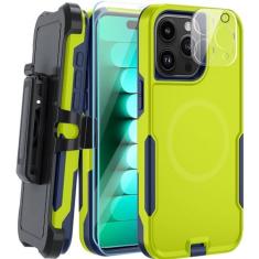 Imagem de muitq Capa magnética para iPhone 15 Pro Max, [compatível com MagSafe] [coldre com clipe de cinto], com 2 películas de vidro + 1 proteção de lente, capa de telefone para Apple iPhone 15 Pro Max de 6,7