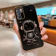 Imagem de Capa de suporte dobrável de astronauta para OPPO A97 A96 A95 A93 A74 A57 A73 A54 A52 A53 A15 A16 A9 A5 2020 F17 4G 5G Capa de suporte de chapeamento, preta, para OPPO A54 4G