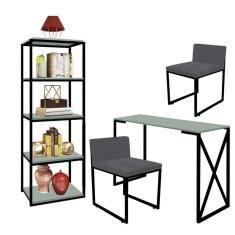 Imagem de Kit Escritório Bex 2 Cadeiras Suede Cinza com 1 Mesa e 1 Livreiro Ferro Preto MDF Verde Oliva - Ahazzo Móveis