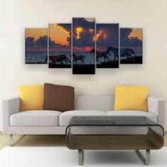 Imagem de Quadro Decorativo Cavalos Fundo Lago 129X61 5 Peças