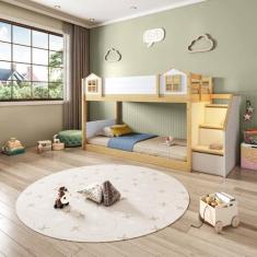 Imagem de Beliche Infantil Montessori Garden com Led e Grade Frontal Casinha Casatema Branco/Natural