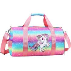 Imagem de Bolsa de viagem de ginástica para meninas – Bolsa esportiva de ginástica com compartimento para sapatos e bolso molhado, bolsa de viagem de unicórnio para crianças, adolescentes, festa do pijama,