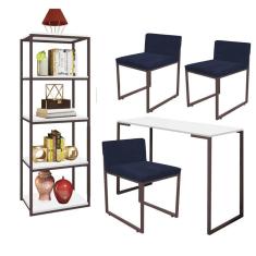 Imagem de Kit Escritório Ravi 3 Cadeiras Suede Azul Marinho com 1 Mesa e 1 Livreiro Ferro Marrom MDF Branco - Ahazzo Móveis