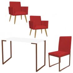 Imagem de Kit Escritório Stan 2 Poltronas com Cadeira e Mesa Industrial Tampo Branco Bronze Tecido Sintético Vermelho - Ahz Móveis