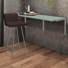 Imagem de Kit Mesa Suspensa de Parede Fixa MDF Verde Oliva + 1 Banqueta Lexi Ferro Prata Corino Marrom - Ahazzo Móveis