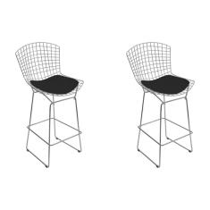 Imagem de Kit 2 Banquetas Bertoia Cromada D80 Com Assento Sintético Preto Cor Preto