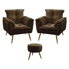 Imagem de Kit 2 Poltronas Decorativas Beta e Puff Solar Sued Marrom Aradecor