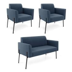 Imagem de Sofá Namoradeira E 2 Poltronas Pé De Ferro Preto Marisa Suede D03 - D`rossi Cor Azul Marinho