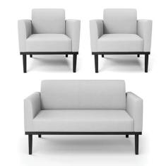 Imagem de Sofá Namoradeira com 2 Poltronas Base de Madeira Fixa Preto Marisa Linho Cinza A05 D03 - D'Rossi