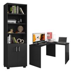 Imagem de Mesa para Computador Gávea com Extensora e Livreiro Office com Portas Pequenas Preto Trama - Móveis Leão