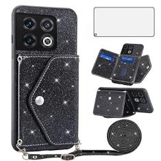 Imagem de Asuwish Capa de telefone para OnePlus 10 Pro One Plus 10Pro 5G capa carteira com protetor de tela de vidro temperado e alça transversal cordão Bling Glitter cartão titular em 1 Plus 1 + Plus10 1+ Pro