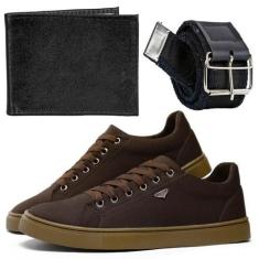 Imagem de Tênis Casual Masculino Costurado Marrom + Carteira Pequena Slim + Cint