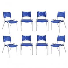 Imagem de Kit 8 Cadeiras Iso Para Escola Escritório Comércio Azul Base Branca