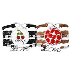 Imagem de DIYthinker Pulseira Red Flowers Corn Bespread pulseira de mão corda de couro cereja conjunto duplo