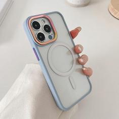 Imagem de Capa de telefone transparente magnética de luxo para iPhone 14 13 12 11 Pro Max Skin Feel Laser Metal Camera Protection Capa de acrílico macio, Sierra Blue, para iPhone 12Pro Max