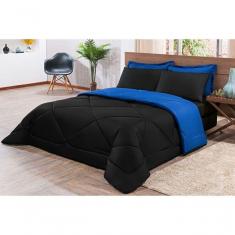 Imagem de Kit Edredom + Jogo De Lençol Aconchego Look House Dupla Face Casal Queen 06 Peças - Preto- Azul