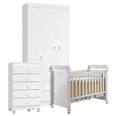 Imagem de Quarto de Bebê 3 Portas com Gaveteiro Ternura Baby e Berço Mirelle Branco Brilho - Incorplac