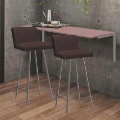 Imagem de Kit Mesa Suspensa de Parede Fixa mdf Rosa + 2 Banquetas Lexi Ferro Cinza Sintético Marrom - Ahazzo Móveis