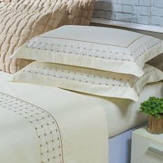 Imagem de Jogo Cama Lençol Garland King Bordado 100% Algodão Acetinado 400 Fios 4 Peças - Bege