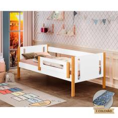 Imagem de Cama de Criança Infantil Babá Montessoriana com Colchão Mirela com Grade de Proteção - Branco/amêndo