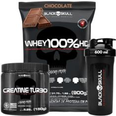 Imagem de Kit Creatina Monohidratada 150g + Whey Protein 100% HD Pure 900g Isolado - Hidrolisado - Concentrado Refil + Coqueteleira - Black Skull (Whey 100% Chocolate Refil + Creatina 150g)