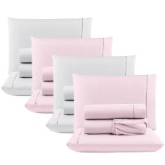 Imagem de Kit c/ 4 Jogos Cama Lençol Unique Casal Padrão Micro Percal 400 Fios Ponto Palito 4 Peças - Rosa + Branco