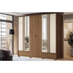 Imagem de Guarda Roupa Casal 6 Portas (2 Ripadas e 2 c/ Espelho) e 5 Gavetas c/ Pés Democrata Jatobá/Areia - Santos Andirá
