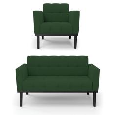 Imagem de Sofá Namoradeira E Poltrona Base De Madeira Preto Elisa Veludo D03 - D'rossi Cor Verde