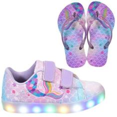 Imagem de Tênis Infantil De Led Feminino Casual Desenho Sereia + Chinelo - ARS, 
