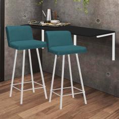 Imagem de Kit Mesa Suspensa de Parede Fixa MDF Preto + 2 Banquetas Lexi Ferro Branco Suede Azul Turquesa - Ahazzo Móveis