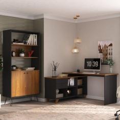 Imagem de Conjunto Home Office 2 Peças Escrivaninha Gold com Estante Hit Artany Freijó/Preto