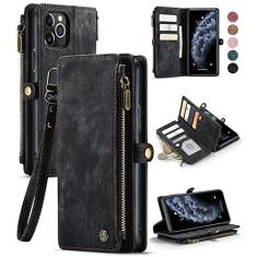 Imagem de Defencase Capa carteira para iPhone 11 Pro Max, capa carteira para iPhone 11 Pro Max para mulheres e homens, capa de telefone de couro PU durável flip magnética alça de pulso com zíper para cartão